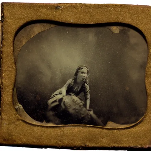 Image similar to tintype photo, underwater, girl riding the lochness monster