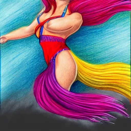 Prompt: highly detailed colored pencil drawing of a young woman with colorful hair performing on aerial silks. illustration, trending on artstation