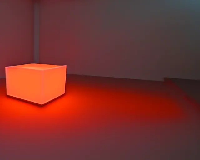 Prompt: a neon orange glow underneath a dark grey glass opaque cube, volumetric lighting, 4 k hyperrealengine, global illumination