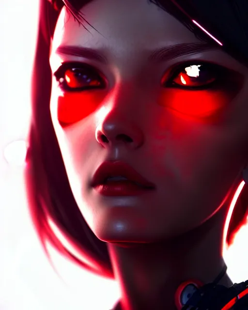 Image similar to a detailed potrait of a cyberpunk cyborg girl with black and red parts, perfect face, realistic shaded perfect face, detailed. night setting. very anime style. realistic shaded lighting poster by ilya kuvshinov katsuhiro, unreal engine, global illumination, radiant light, detailed and intricate environment