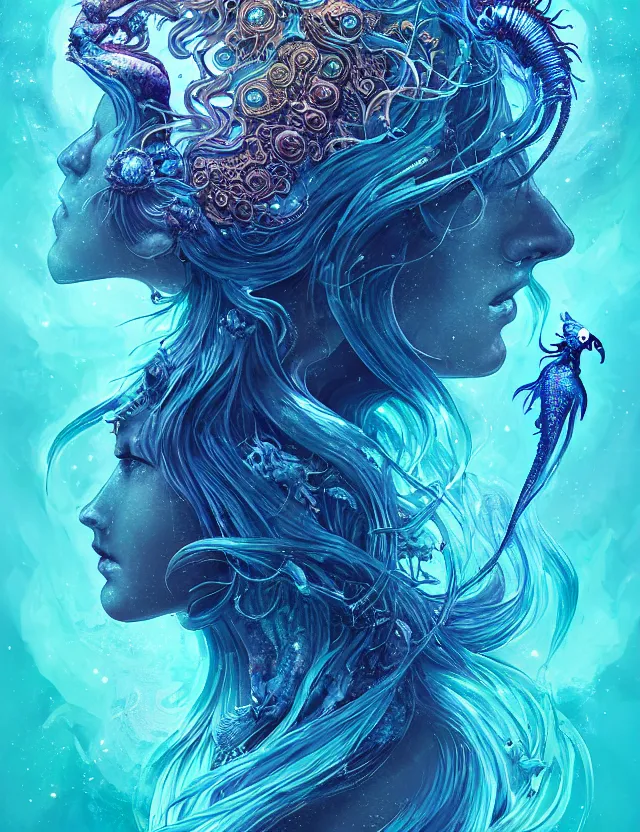 Image similar to goddess macro shouler portrait from bottom to top in crown made of ram skull. betta fish, jellyfish phoenix, bioluminiscent, plasma, ice, water, wind, creature, super intricate ornaments artwork by tooth wu and wlop and alena aenami and greg rutkowski