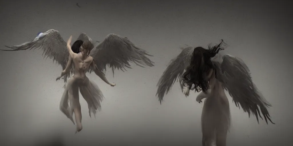 Dark fantasy image of black angel wings descending into abyss on