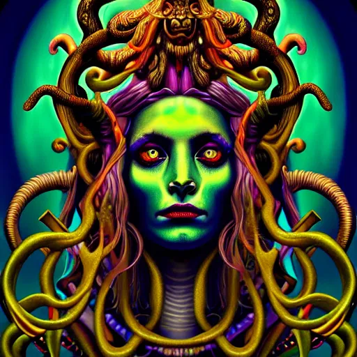 Image similar to an extremely psychedelic portrait of baphomet as medusa, surreal, lsd, face, detailed, intricate, elegant, lithe, highly detailed, digital painting, artstation, concept art, smooth, sharp focus, illustration
