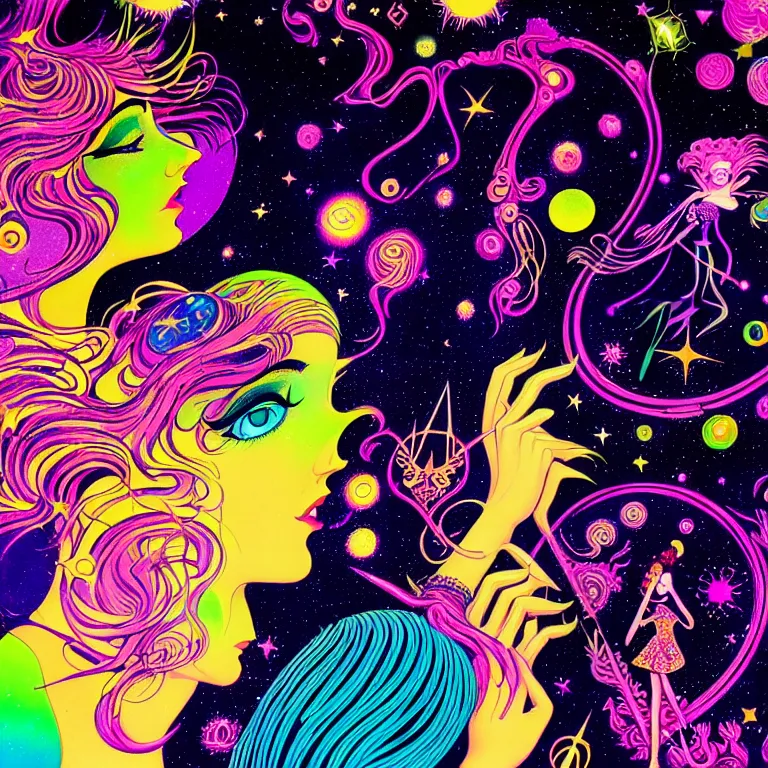 Image similar to cosmic girl surrounded by symbols, medium close - up, realistic face, psychedelic crystal background, bright neon colors, highly detailed, cinematic, eyvind earle, tim white, philippe druillet, roger dean, lisa frank, aubrey beardsley, hiroo isono