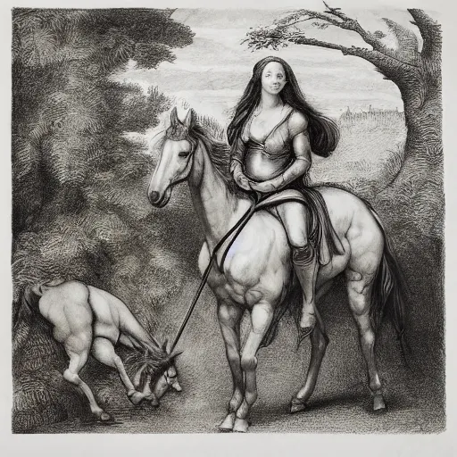 Image similar to “8k pencil drawing of Diana huntress in beautiful forest, Horses in run, intricate in style of Michelangelo and Rubens and Albrecht Durer, hand made paper” - H 768