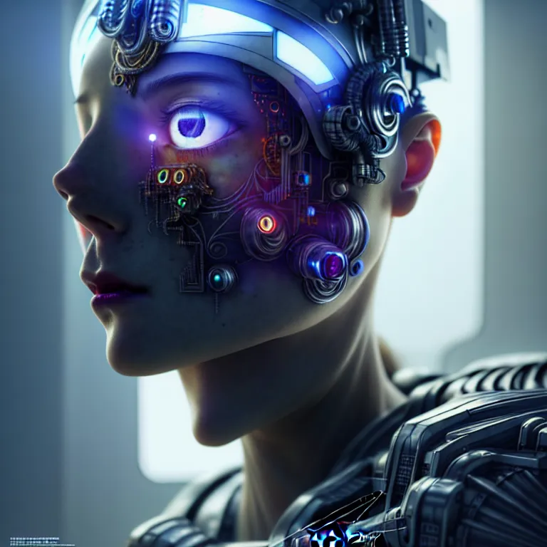 Image similar to ultra realistic beautiful cyborg deity eyes closed, scifi, cyberpunk, fantasy, intricate details, movie still, highly detailed, photorealistic, octane render, eerie, 8k, art by artgerm and michael welan