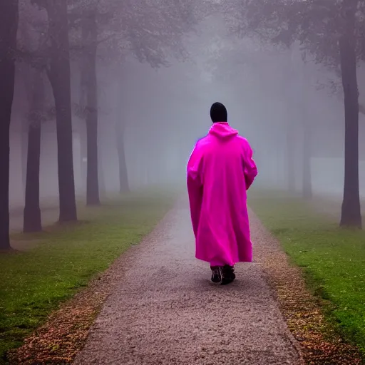 Prompt: a man walking in a pink cloak walking towards the camera in heavy fog