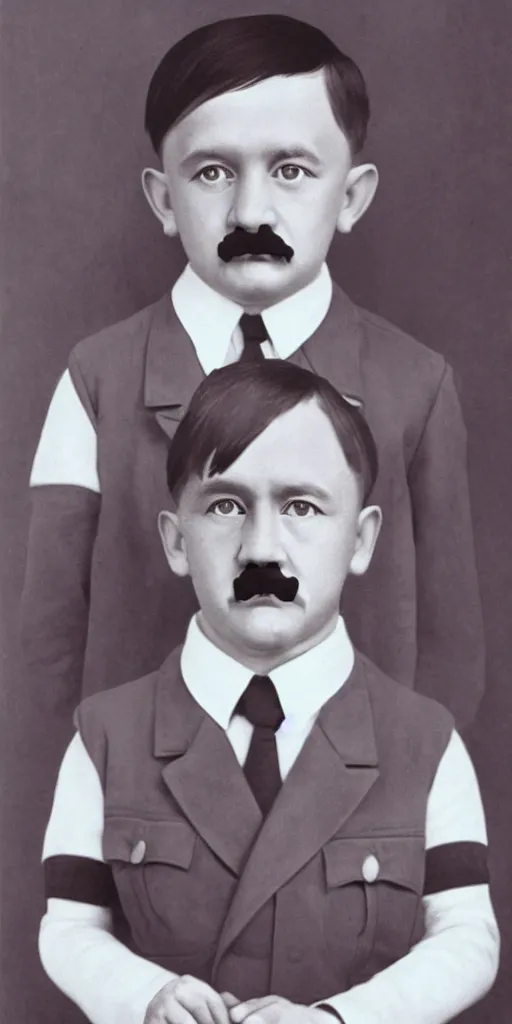 Image similar to adolf hitler as a little child in a school uniform carrying books, hitler mustache, white background, full color digital art, cartoon