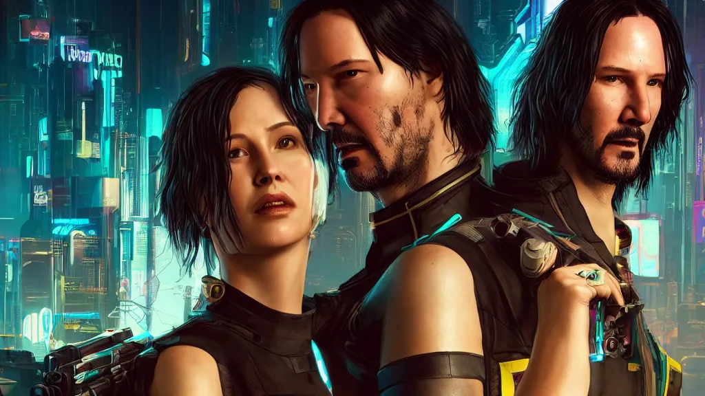 Image similar to a cyberpunk 2077 srcreenshot couple portrait of a Keanu Reeves and a female android,love,film lighting,by Laurie Greasley,Lawrence Alma-Tadema,Dan Mumford,John Wick,Speed,Replicas,artstation,deviantart,FAN ART,full of color,Digital painting,face enhance,highly detailed,8K,octane,golden ratio,cinematic lighting