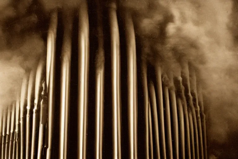 Prompt: pipe organ made entirely of dark smoke, 8 0 mm film, high detail