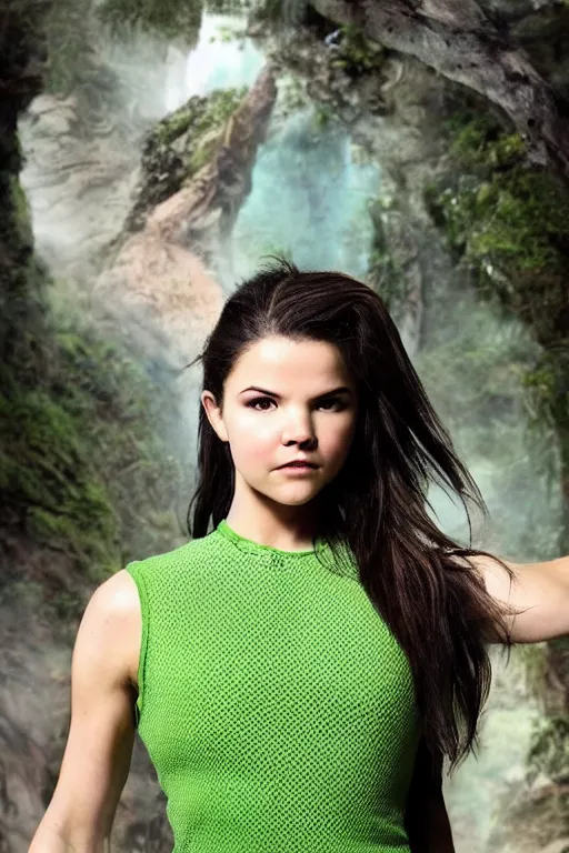 Prompt: fantasy character photo. facial expression of manic obsessive love. danielle campbell. black hair in ponytail. bright blue eyes. tall, lanky, athletic, wiry, slightly muscular. sleeveless light green dress. gleefully telling a bs story full of lies