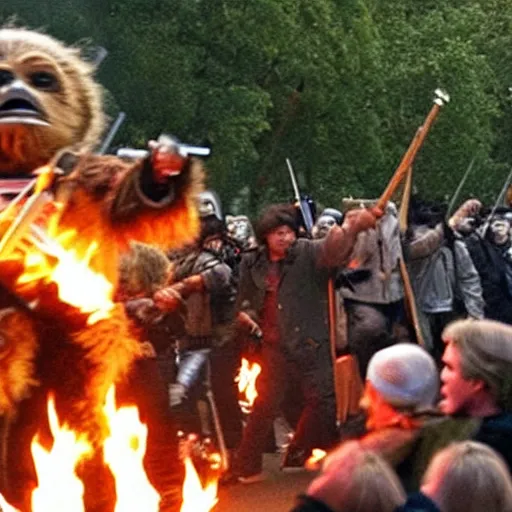 Prompt: a still of hundreds of ewoks rioting in front of a the white house in washington.!!!, flaming torches and pitchforks