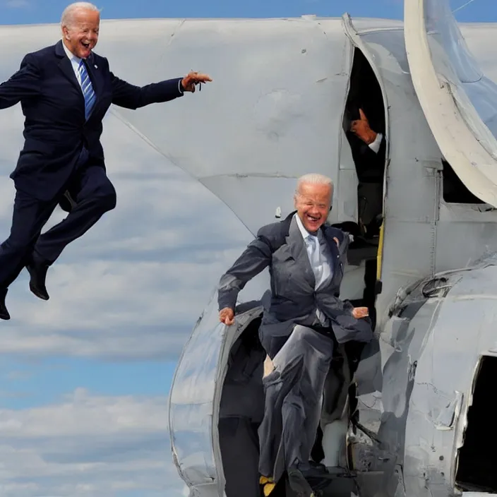 Image similar to joe biden jumping out of an airplane ready for war, sharp detailed photo
