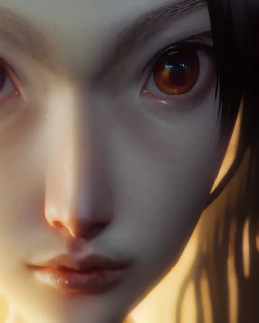 Image similar to really cool complex closeup portrait of a beautiful psychotic loner girl, by katsuhiro otomo, yoshitaka amano, nico tanigawa, artgerm, greg rutkowski makoto shinkai takashi takeuchi rendered with intense 3 d effect, smooth soft shadowing, cinematic lighting, hyperrealistic unreal engine 5 render uhd 8 k