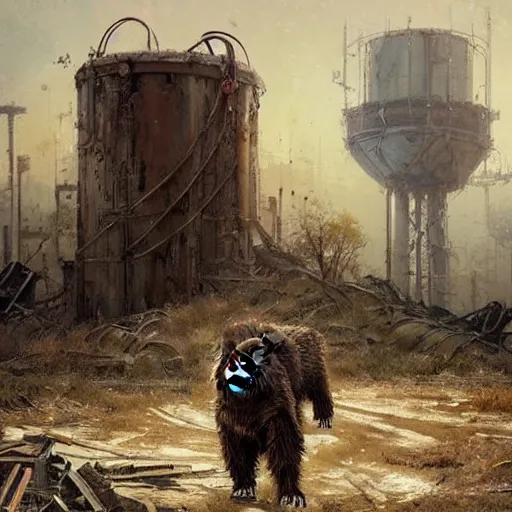 Image similar to a steampunk cyborg grizzly bear walking in a wasteland, abandoned barn in the background, collapsed water tower, painting by Greg Rutkowski