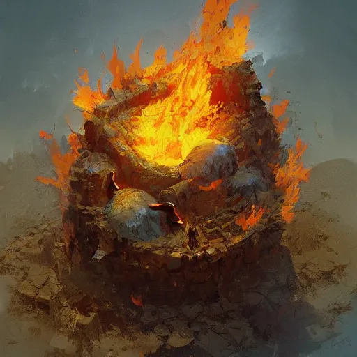 Prompt: oil paint of bird's nest of flames, isometric view, isometric map, by craig mullins by jakub rozalski