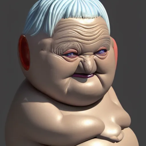 Image similar to a shiny ceramic chubby old woman alien with wrinkles and white hair, 3d render, shiny ceramic, by fernando botero, 8k resolution, digital art, sigma 85mm f/1.4