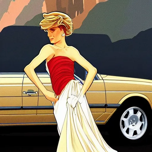 Image similar to Princess Diana standing next to a Mercedes-Benz W140, highly detailed, digital painting, artstation, concept art, smooth, sharp focus, illustration, art by artgerm and alphonse mucha, high definition digital art, in the style of Ross tran and ilya kuvshinov