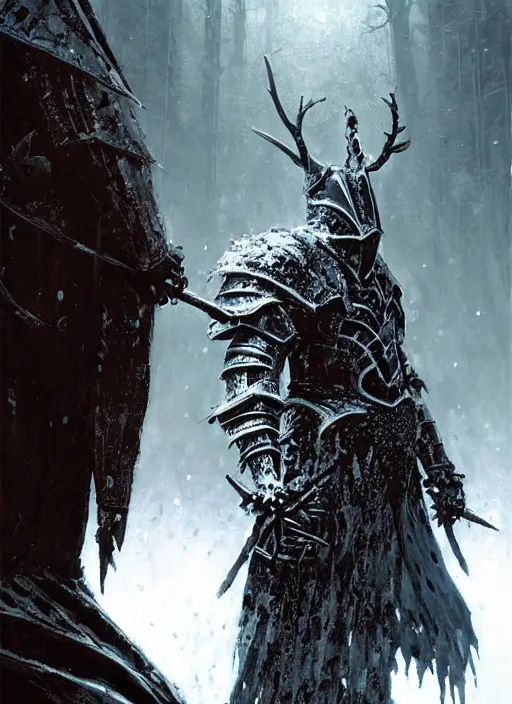 Image similar to folk horror illustration of the ancient boreal knight Vordt (armored knight of frost and death) from dark souls 3, art by greg rutkowski, art by craig mullins, art by thomas kincade, art by Yoshitaka Amano