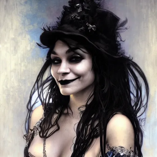 Image similar to beautiful portrait of vanessa hudgens as death from sandman, smiling, by cedric peyravernay, alphonse mucha, by jeremy mann, by lecouffe deharme, goth chic, soft lightning, eyeliner, punk rock, high detailed, 8 k