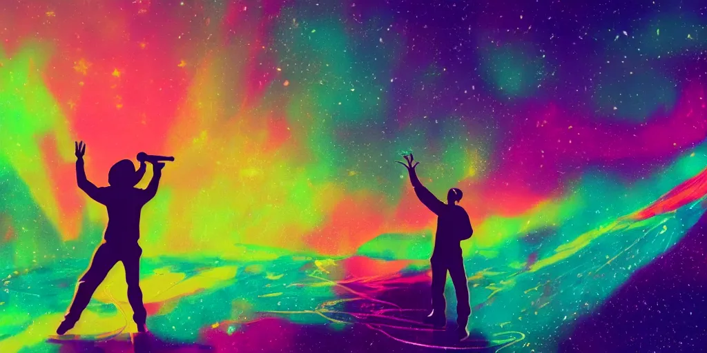 Prompt: rapping into microphone, silhouette, psychedelic, outrun, hip hop, Aurora borealis, trending on Artstation, professional artist, detailed, 4k