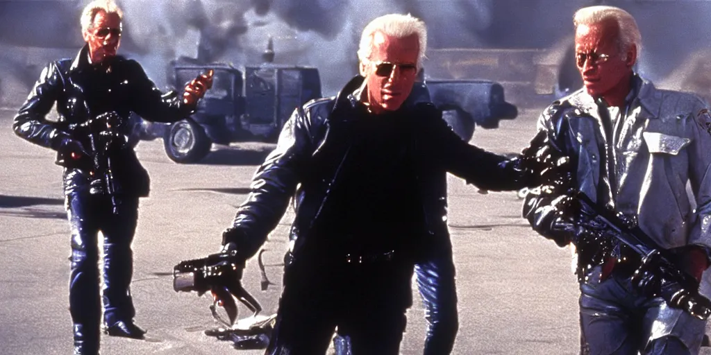 Image similar to joe biden in the terminator shooting terminator donald trump, cinematic, two characters, highly detailed, photorealistic, cinematic lighting, James Cameron, hr GIGER