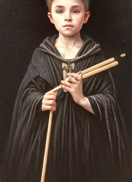 Image similar to perfectly - centered - portrait of a kid wearing black cloak holding stick, intricate, highly detailed, digital painting, artstation, concept art, smooth, sharp focus, illustration, unreal engine 5, 8 k, art by artgerm and greg rutkowski and alphonse mucha