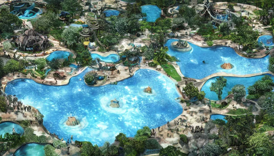 Prompt: a cluster of multiple shallow kidney shaped aqua blue pools in a neighborhood park, it ’ s a small world water ride, photorealistic, deviant art, unreal engine, realistic shading, realistic render, octane render, detailed textures, photorealistic, wide shot