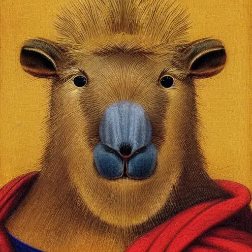 Prompt: sauve capybara wearing formal attire, portrait, painting, vivid colours, Renaissance, detail, da vinci