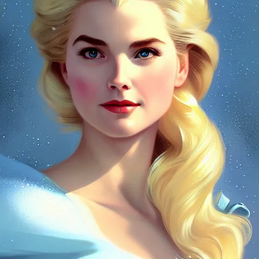 Image similar to Blonde Grace Kelly as Elsa from Frozen, western, D&D, fantasy, intricate, elegant, highly detailed, digital painting, artstation, concept art, matte, sharp focus, illustration, art by Artgerm and Greg Rutkowski and Alphonse Mucha