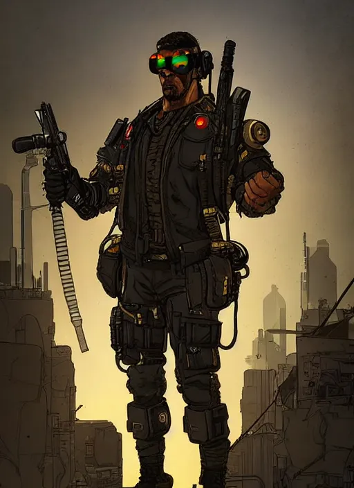 Image similar to Menacing Hector. buff cyberpunk mercenary wearing a cyberpunk headset, military vest, and pilot jumpsuit. square face. Concept art by James Gurney and Laurie Greasley. Moody Industrial skyline. Exaggerated proportions. ArtstationHQ. Creative character design for cyberpunk 2077.