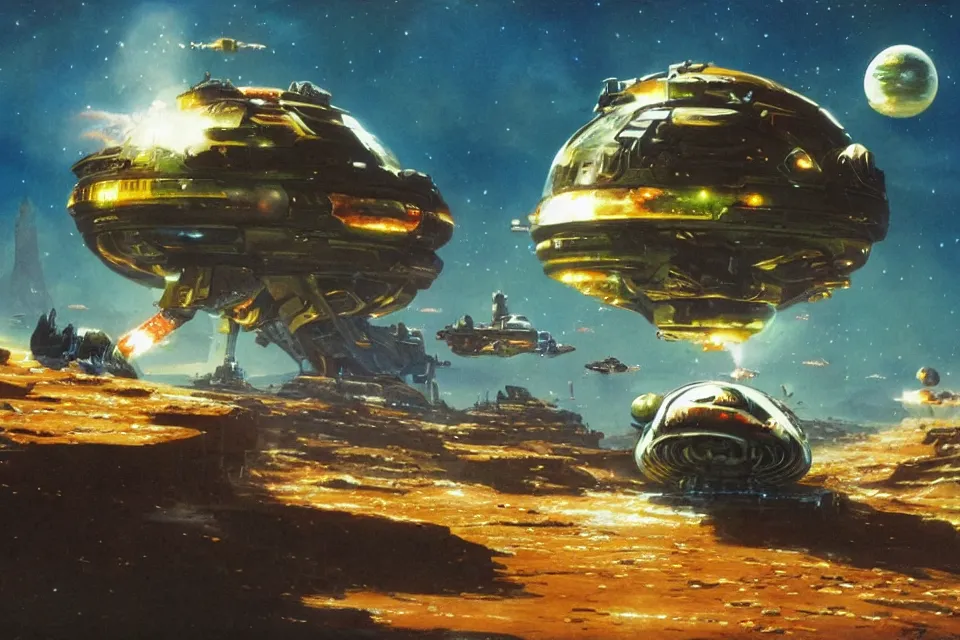 Image similar to an epic chris foss painting of a turtle spaceship orbiting an alien planet