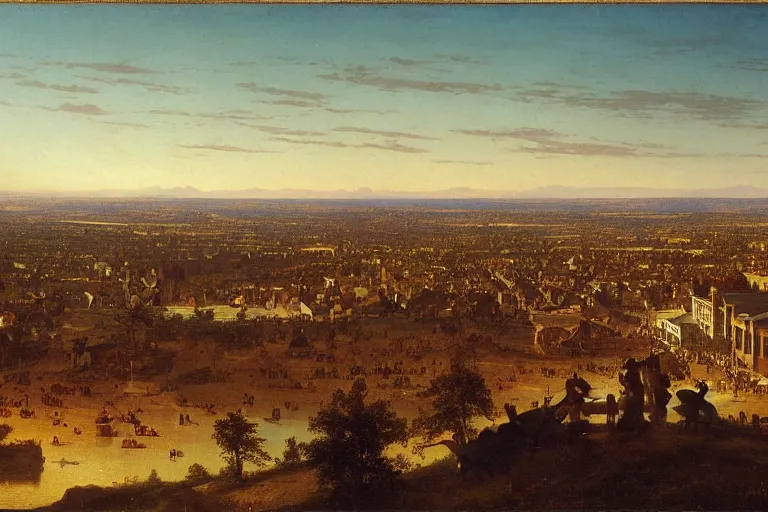 Image similar to birds eye view of a small but busy downtown midwestern town, 1 8 0 0 s, rule of thirds, matte painting, highly detailed, cinematic lighting, by albert bierstadt, frederic edwin church