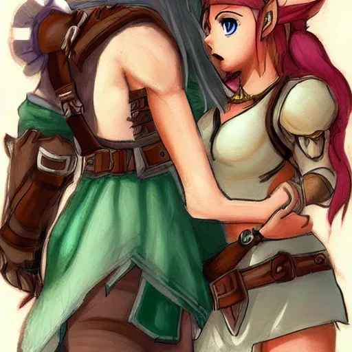 Prompt: female link and malon kissing, concept art, highly detailed