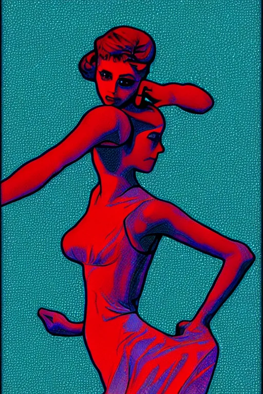 Prompt: illustrated poster of a dancer, in the style of john avon and raul urias and eva widermann, trending on artstation, halfrear lighting closeup view anaglyph filter, bokeh, anime, colored pencil art, belle epoque