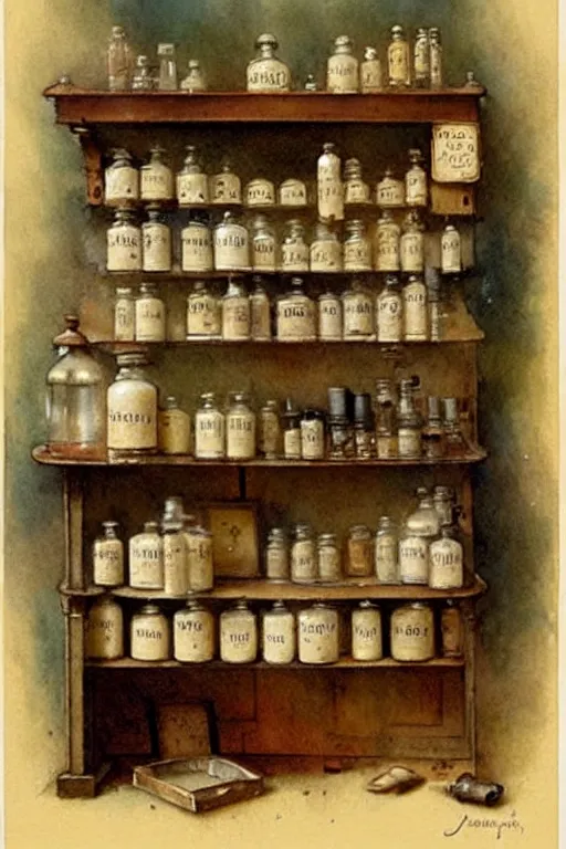 Prompt: ( ( ( ( ( 1 9 5 0 s apothecary shop. muted colors. ) ) ) ) ) by jean - baptiste monge!!!!!!!!!!!!!!!!!!!!!!!!!!!