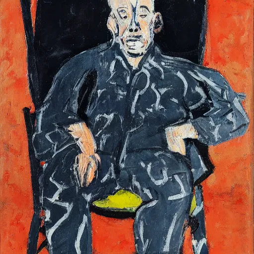 Image similar to painting of a man sitting on a chair and staring at you, by georg baselitz