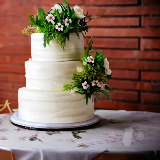 Prompt: a wedding cake with fresh flower sitting on a table.