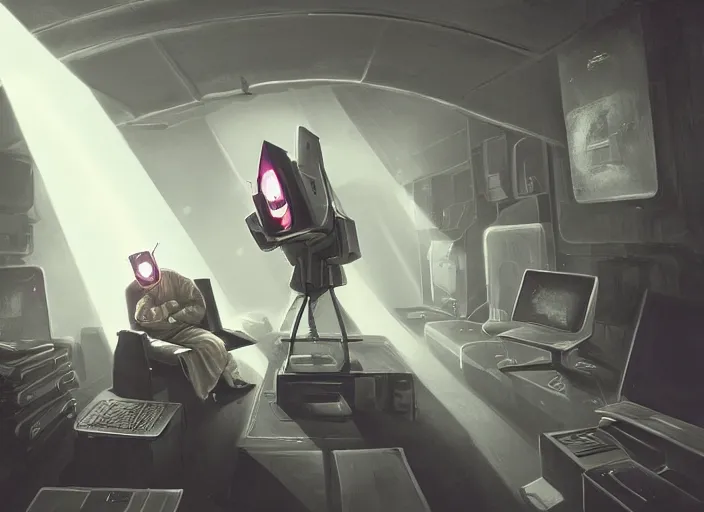 Image similar to a man sitting on a chair with things attached to his head, screens and monitors in front of him playing videos, ship interior, narrow hallway, scifi, dramatic lighting, dark, spotlight, concept art, surreal, by rutkowski, fuji choko