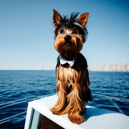 Prompt: photo portrait of a tall muscular anthropomorphic Yorkshire Terrier wearing a suit standing on a yacht deck, dslr, cinematic,