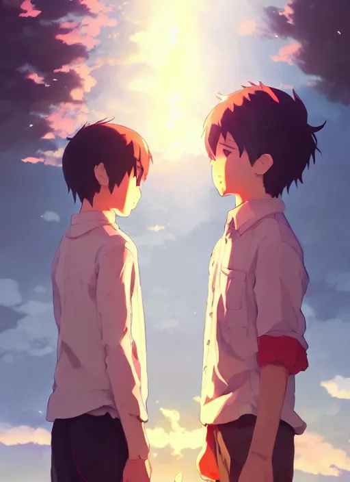 Image similar to boy and a girl in jk, standing back to back in under sky, small fire flames, illustration concept art anime key visual trending pixiv fanbox by wlop and greg rutkowski and makoto shinkai and studio ghibli