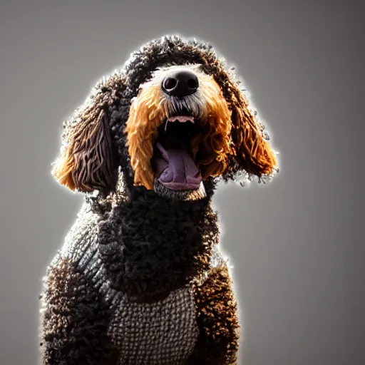 Image similar to a closeup photorealistic photograph of a cute smiling knitted bernedoodle judge dog dressed in a black gown, presiding over the courthouse. indoor image, professional capture, well lit shot. this 4 k hd image is trending on artstation, featured on behance, well - rendered, extra crisp, features intricate detail, epic composition and the style of unreal engine.