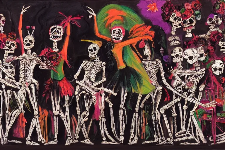 Image similar to scene from ballet, day of the dead, cyber skeletons, queen in black silk in the center, neon painting by otto dix