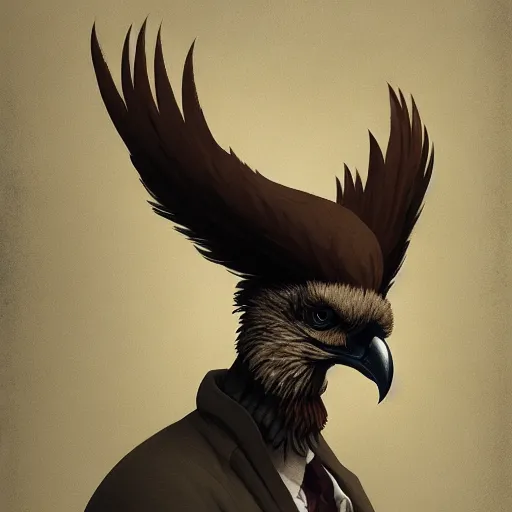 Prompt: ripped physique beak beak Man portrait Sherlock Samuel Beckett Beak Detective Anthropomorphic furry fashion vogue Vulture man wearing a Buzzard costume wearing a hobo costume gerald brom bastien grivet greg rutkowski norman rockwell portrait face head beak eyes illustration tombow