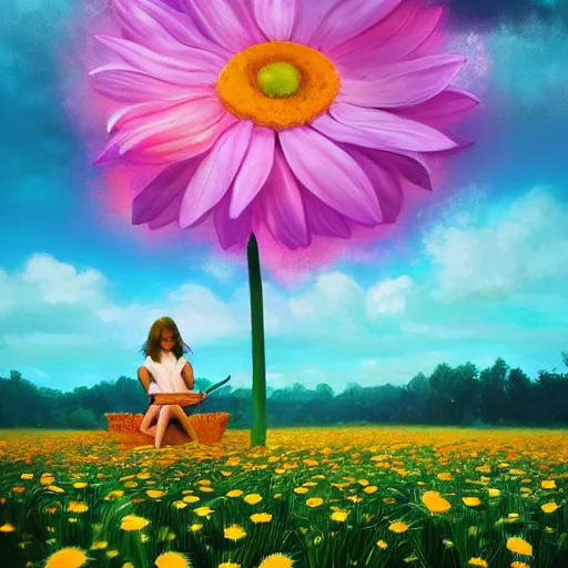 Image similar to giant daisies flower as head, girl sitting in a flower field, surreal photography, sunrise, dramatic light, impressionist painting, colorful clouds, digital painting, artstation, simon stalenhag