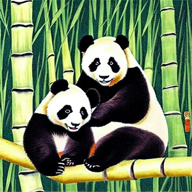 Prompt: a beautiful painting two pandas in the bamboo forest, by zhang daqian painting