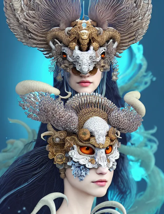 Image similar to 3 d goddess close - up profile portrait russian with ram skull. beautiful intricately detailed japanese crow kitsune mask and clasical japanese kimono. betta fish, jellyfish phoenix, bio luminescent, plasma, ice, water, wind, creature, artwork by tooth wu and wlop and beeple and greg rutkowski