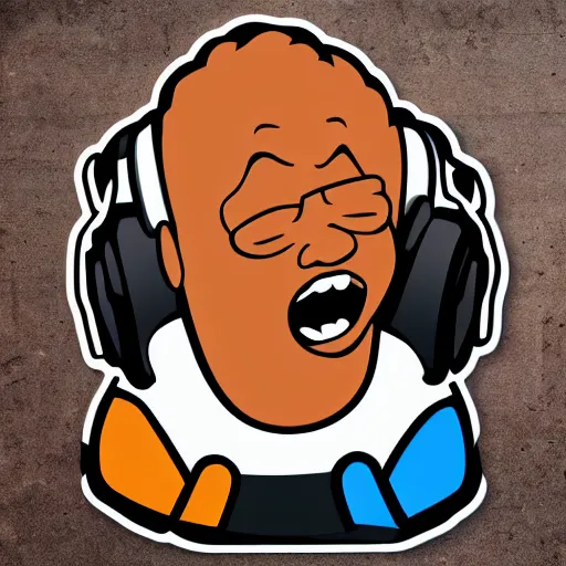 Image similar to svg sticker of a Dancing-Cleveland Brown, at a rave, spinning records, giant headphones rocking out, wearing headphones, huge speakers, dancing, rave, DJ, spinning records, digital art, amazing composition, rule-of-thirds, award-winning, trending on artstation, featured on deviantart