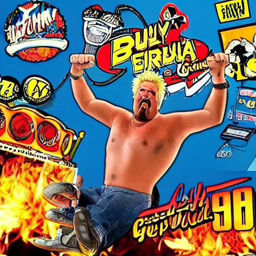 Image similar to guy fieri : backyard wrestling the video game 1 9 8 9 special tournament edition plus alpha arcade cabinet, game case, box art