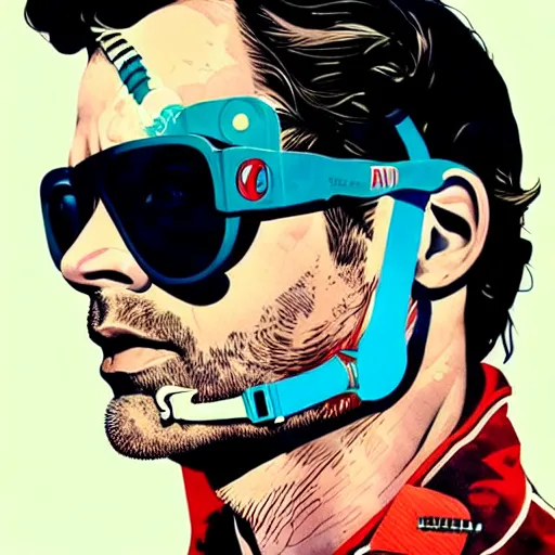 Prompt: a portrait of a man with side profile blood in ocean intricate details :: side profile :: sunglasses :: oxygen mask by MARVEL comics and Sandra Chevrier